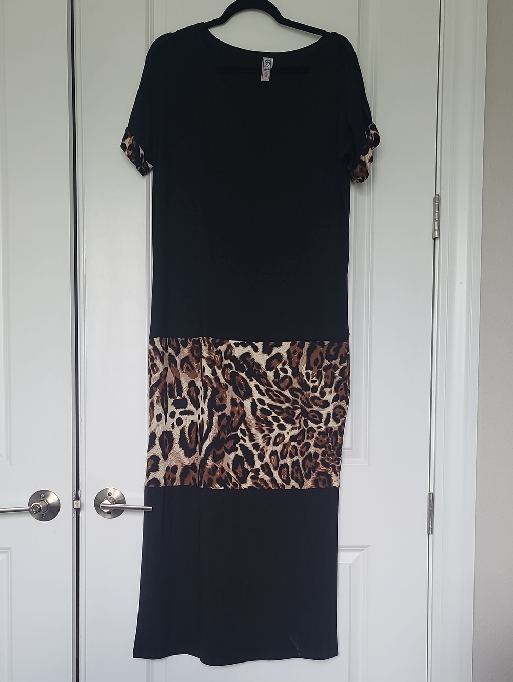 Black Dress with Leopard Print Panel - Women's Elegant Casual Dress